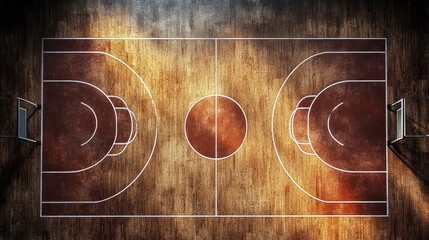 Obraz premium Aerial view indoor court, game, wood floor, lights, hoops