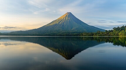 Naklejka premium Serene Volcano Reflection: A Majestic Sunrise over a Tranquil Lake in Costa Rica