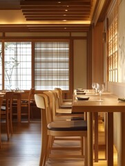 Elegant japanese restaurant interior showcases minimalist design and natural light