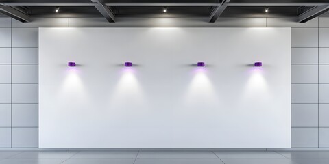 A trapezoidal white wall with four violet spotlights, located in a sleek room with smooth grey tiles and industrial-style beams.
