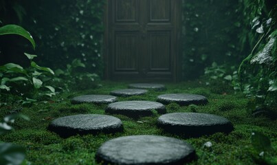 Mystical stone path leading to a hidden wooden door in a lush, overgrown jungle; ideal for fantasy or adventure game backgrounds