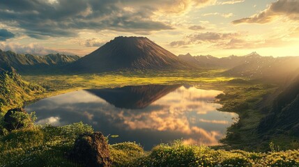 Volcanic Lake Sunset: A Serene Mountain Landscape