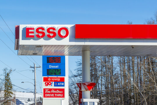 Milford, Canada - February 12, 2025: ESSO gas station. ESSO is a chain of fuel or gas stations and is owned by ExxonMobil.
