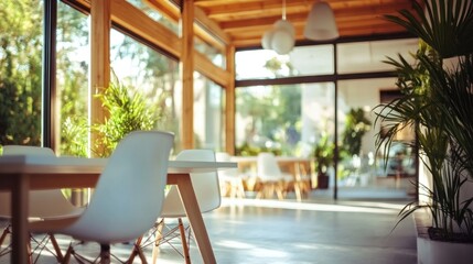 Obraz premium Sunny cafe interior, plants, tables, chairs