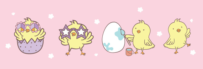 Draw vector illustration character design banner cute chicks for easter and spring Doodle cartoon style