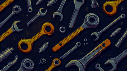 Fototapeta premium Seamless car service pattern featuring vector wrenches, bolts, and automotive diagnostic elements