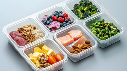 Meal Prep Inspiration: A colorful and diverse meal prep container filled with a variety of healthy and delicious foods, including salmon, berries, broccoli, almonds, and cheese.