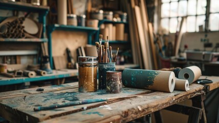 Vintage workshop setting with paint supplies and tools on rustic table