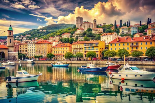 Fototapeta Vintage Postcard: Rijeka, Croatia Coastal Town Harbor View