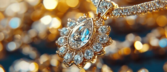 Fototapeta premium Hyper-detailed rose gold jewelry display, sparkling diamonds and gemstones, soft luxury lighting