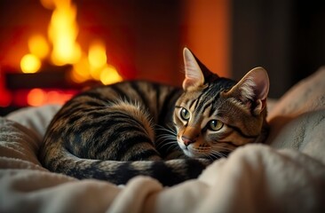 The cat is lying on a couch next to the fireplace.