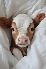 Close-up of a adorable baby cow with brown and white spots peeking out from under a white blanket. Cute animal poster
