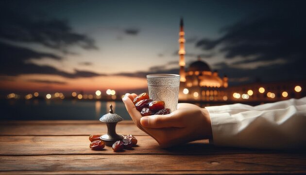 zam zam water and dates held by a pair of hands


