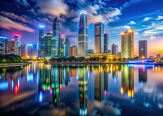 Obraz premium Zhujiang New Town Panoramic Nightscape, Cityscape, Architectural Photography, China
