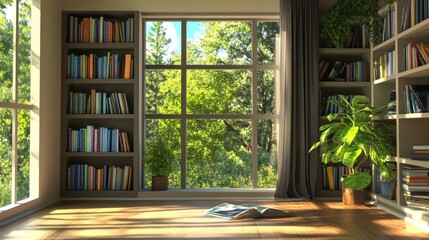 Sunlit library, forest view, book open