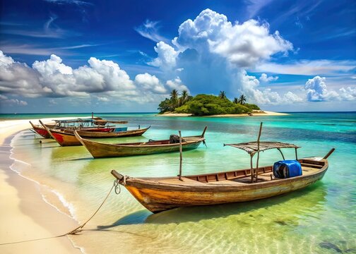 Zanzibar Beach Boats Mnemba Island AI Photo, Tanzanian Paradise, Seascape
