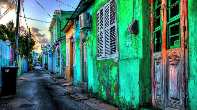 Vibrant alleyway with colorful houses under a sunset sky, showcasing urban life and charm