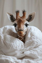 Close-up of a baby giraffe peeking out from under a white cover, with cute face. Funny animal magazine cover. 