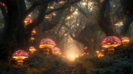 Glowing mushrooms illuminate enchanted forest path