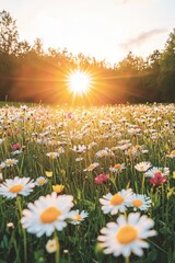 Fototapeta premium Sunset Meadow Bloom, Vibrant Wildflowers, Golden Hour Tranquility, Summer Nature Background