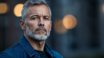 Fototapeta premium Distinguished silver-haired man in blue jacket with urban bokeh backdrop. Perfect for senior executive profiles, wealth management, or luxury lifestyle content.