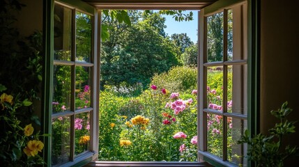 Open window garden view, sunlit flowers
