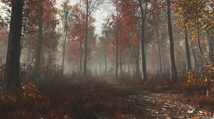 Obraz premium Serene Autumn Forest Path with Vibrant Foliage and Mystical Fog in a Picturesque Natural Landscape