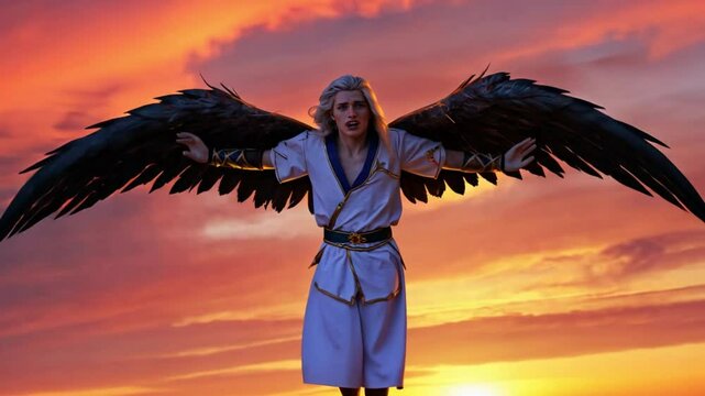 The angel Lucifer, exiled from paradise, falls from heaven, unable to fly on his broken black wings anymore, 4K High-Quality animation video
