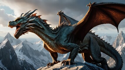 Fototapeta premium a majestic dragon roars atop a mountainous landscape under a dramatic sky