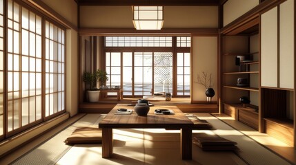 Beautiful japanese room interior featuring sliding doors and minimalist decor