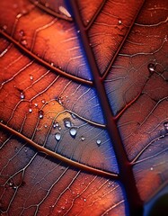Close-Up of a Colorful Leaf Vein With Dewdrops. Ai Generative