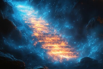 Glowing stairs ascend through cosmic rocks