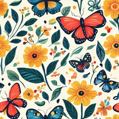 Bright Seamless Pattern of Butterflies and Flowers in Cheerful Color Palette