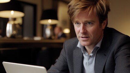 Focused businessman video calls cafe