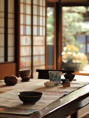Traditional japanese tea service set on a wooden table