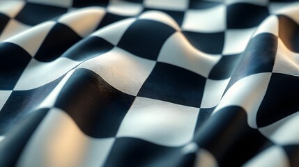 black and white checkered flag waving with smooth fabric motion representing racing competition finish line moment and ultimate speed