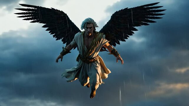 The angel Lucifer, exiled from paradise, falls from heaven, unable to fly on his broken black wings anymore, 4K High-Quality animation video
