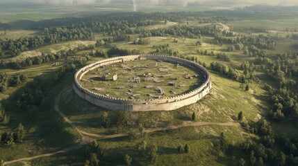 Aerial view of ancient hill fort ruins in rural landscape