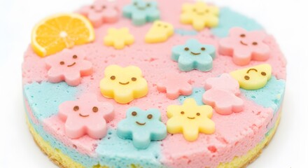 Colorful Cake with Smiling Flower Candies and Orange Slice Topping