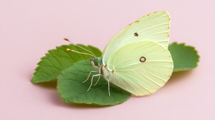 Pale butterfly rests on leaves, pink background