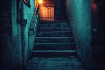 Dark and mysterious staircase in an old building with moody lighting