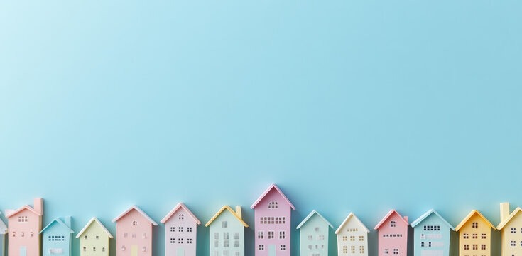 Colorful pastel paper houses create a charming visual along a light blue backdrop, perfect for enhancing a creative workspace or event decor