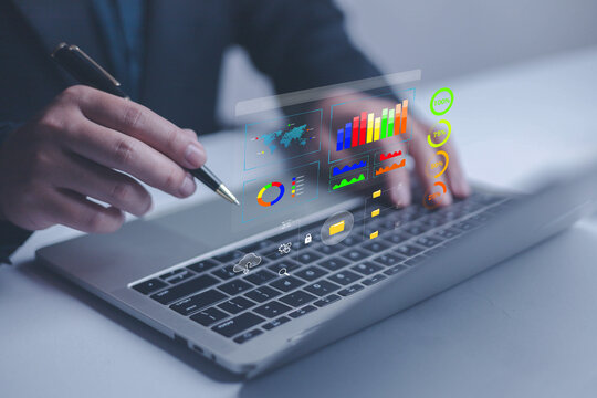 Analyst to analyze data. Shows a dashboard chart for business data analysis and metrics connected to the database for digital technology, Analytics concept, Social network, operations