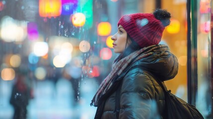 Obraz premium Young woman in winter clothes against blurred city lights at night. Suitable for urban lifestyle, winter fashion, and modern city living content