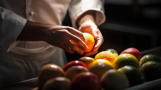 A Chef Selecting Vibrant Citrus and Fresh Produce Under Soft Light