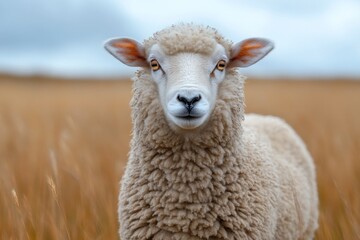 Fototapeta premium Close-up of a sheep standing in a golden wheat field