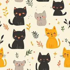 Fototapeta premium Cute Seamless Pattern Featuring Playful Cats and Dogs with Whimsical Elements for Fun and Cheerful Designs