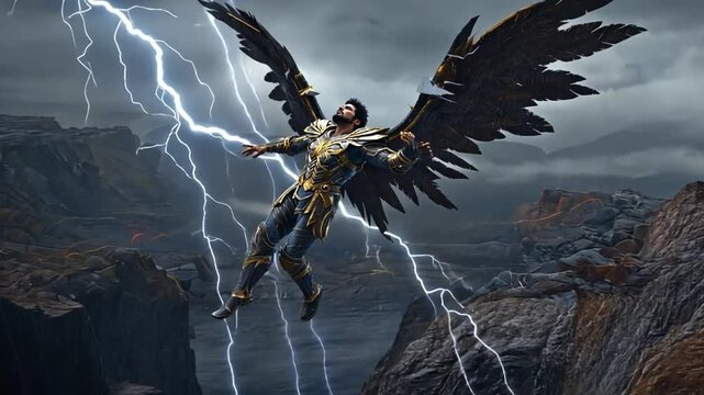 The angel Lucifer, exiled from paradise, falls from heaven, unable to fly on his broken black wings anymore, 4K High-Quality animation video