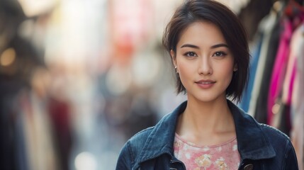Stylish young Asian woman in denim jacket against urban street. Ideal for fashion lifestyle, urban culture, and modern femininity themes
