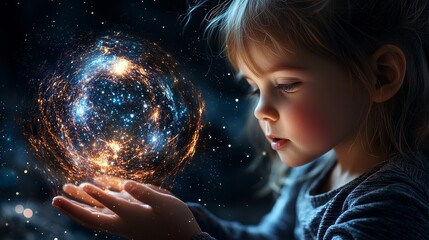 Naklejka premium A Little Girl Holding a Glowing Orb in Her Hands: Exploring the Depth of Childhood Imagination and Complex Emotions in a Captivating Scene